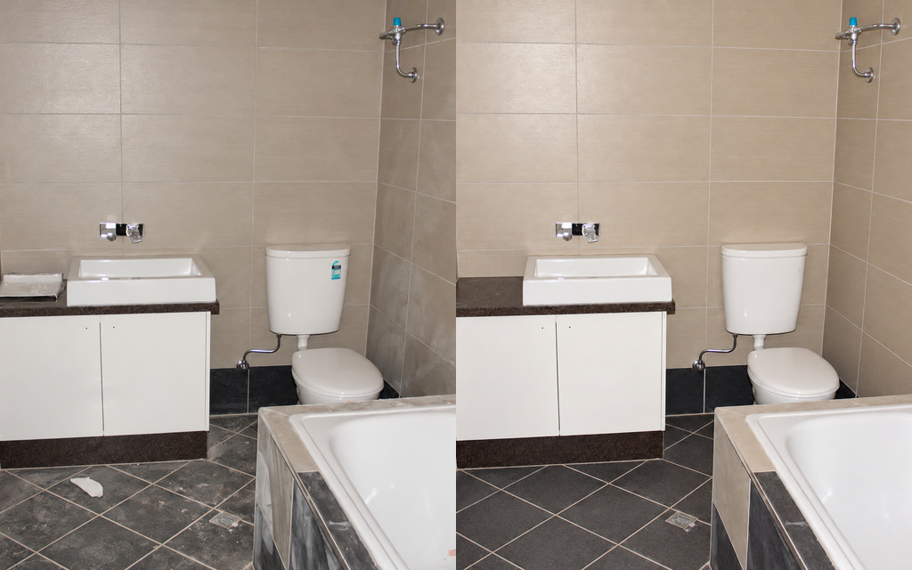 Bathroom builders cleaning: before on the left and after on the right