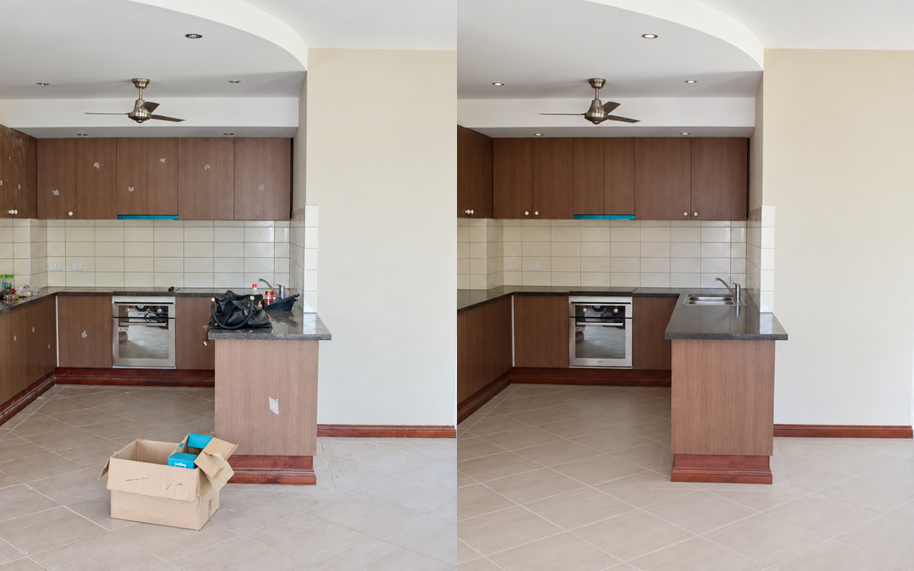 Kitchen handover cleaning: before on the left and after on the right