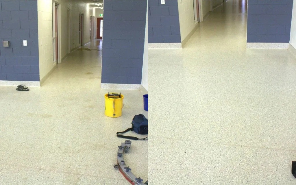 Machine floor care: before on the left and after on the right