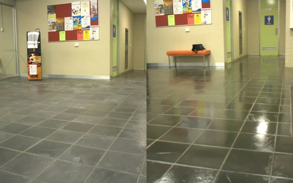 Tiled floor care: before on the left and after on the right
