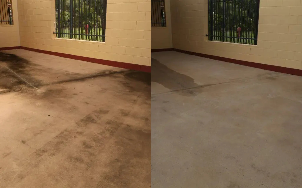 Exterior pressure cleaning: before on the left and after on the right