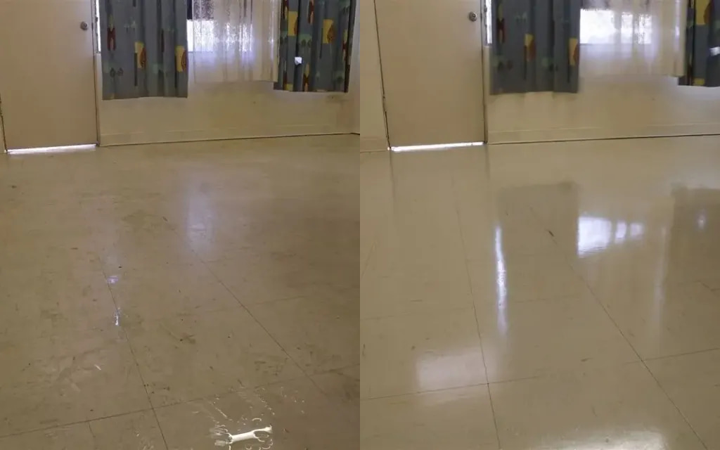 Vinyl floor restoration: before on the left and after on the right